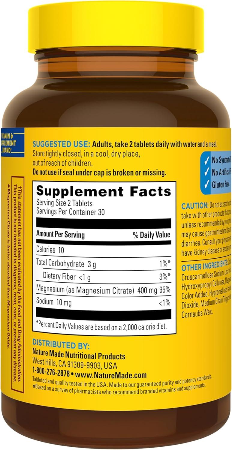 imageNature Made Extra Strength Dosage Magnesium Citrate Tablets High Absorption Magnesium Citrate 400mg Per Serving Bone and Muscle Support 60 Tablets 30 Day Supply