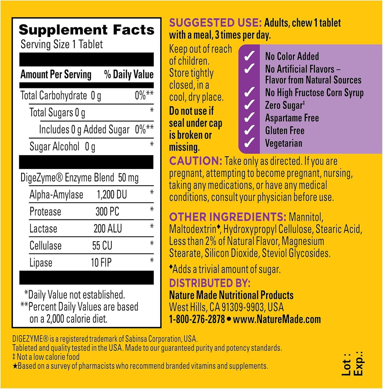 imageNature Made Digestive Enzymes 5in1 Blend Digestive Health Support 90 Chewable Tablets 30 Day Supply