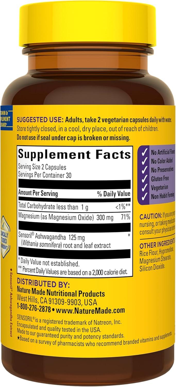 imageNature Made Magnesium Ashwagandha Capsules Stress Relief and Sleep Support Magnesium 300 mg and Ashwagandha Supplements 60 Capsules 30 Day Supply