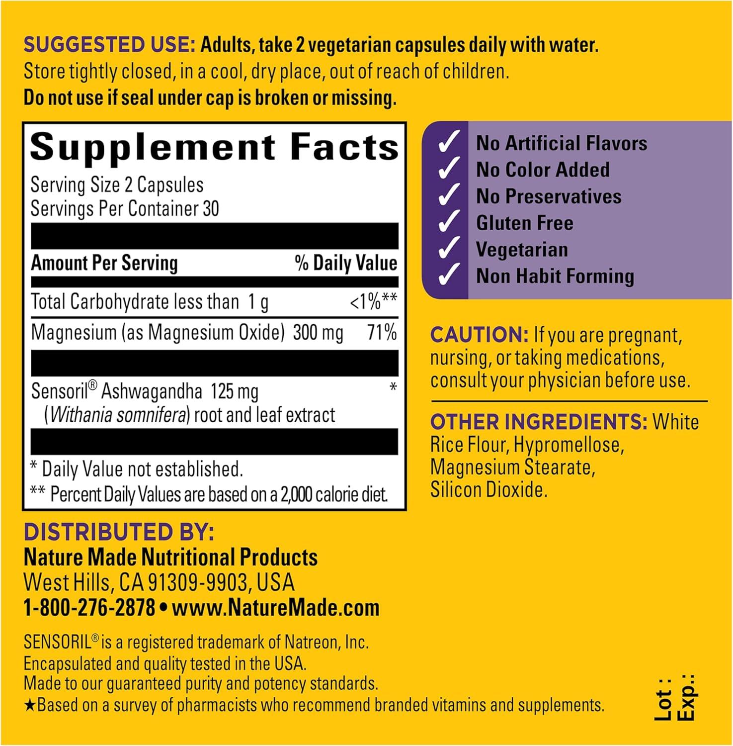 imageNature Made Magnesium Ashwagandha Capsules Stress Relief and Sleep Support Magnesium 300 mg and Ashwagandha Supplements 60 Capsules 30 Day Supply