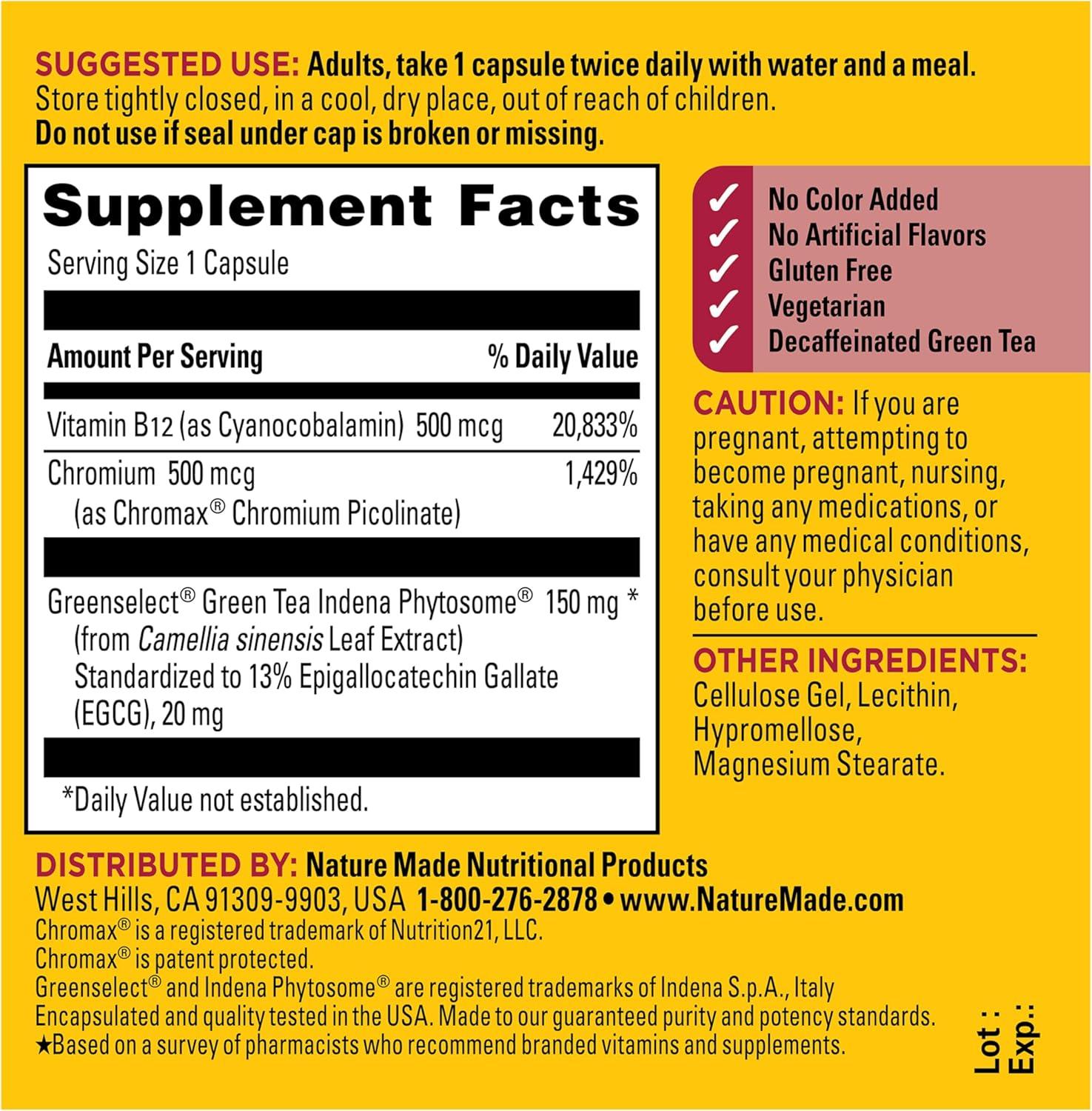 imageNature Made Metabolyze Capsules Chromium Picolinate Green Tea Extract and B12 Healthy Weight Management amp Fat Metabolism Support 60 Capsules 30 Day Supply