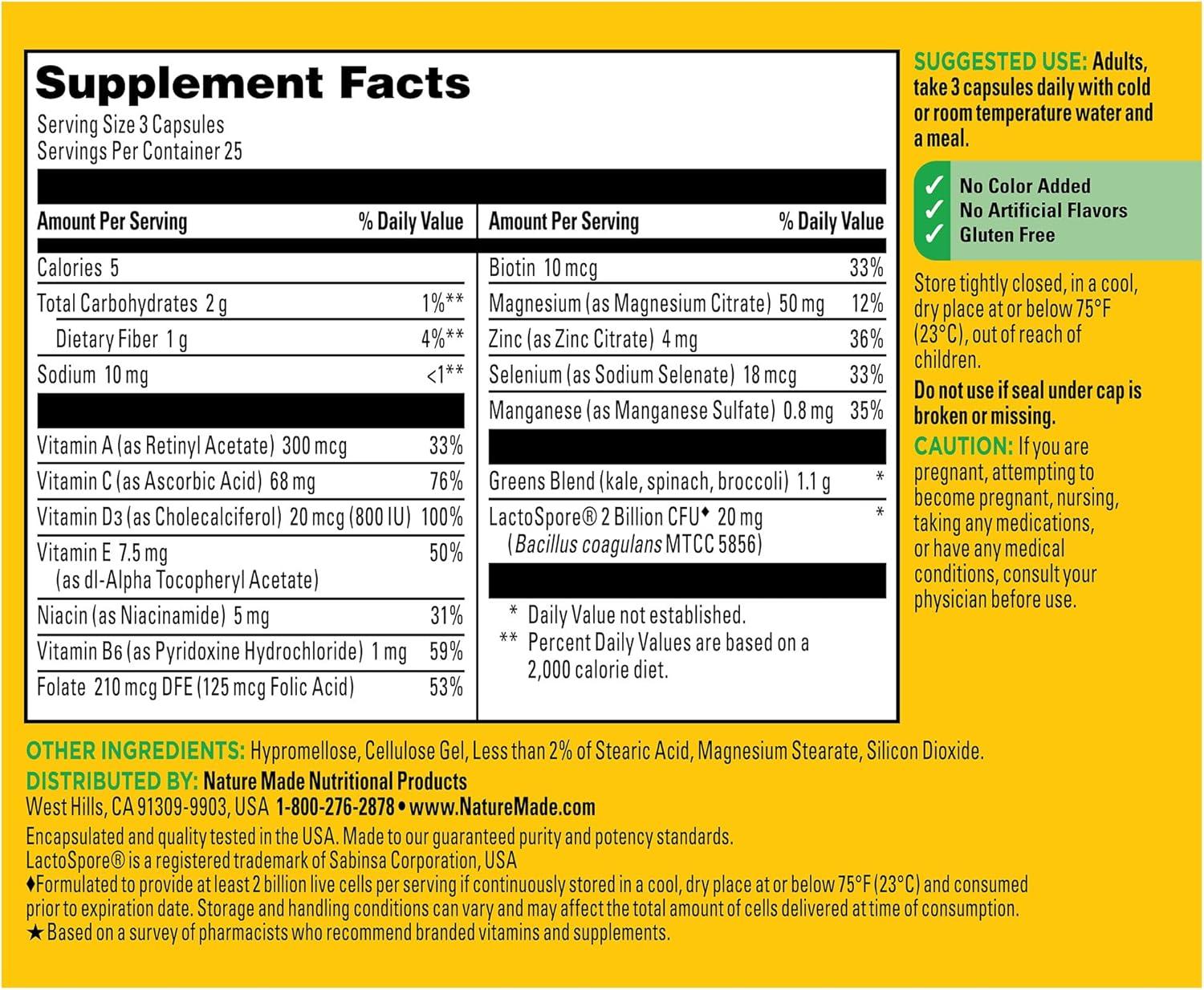 imageNature Made Super Greens with Probiotic Capsules Made with 12 Cup Veggies Per Serving Probiotics for Digestive Health 75 Capsules 25 Day Supply