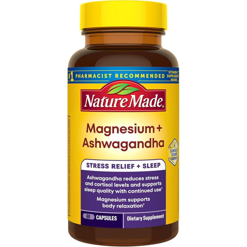 imageNature Made Magnesium Ashwagandha Capsules Stress Relief and Sleep Support Magnesium 300 mg and Ashwagandha Supplements 60 Capsules 30 Day Supply