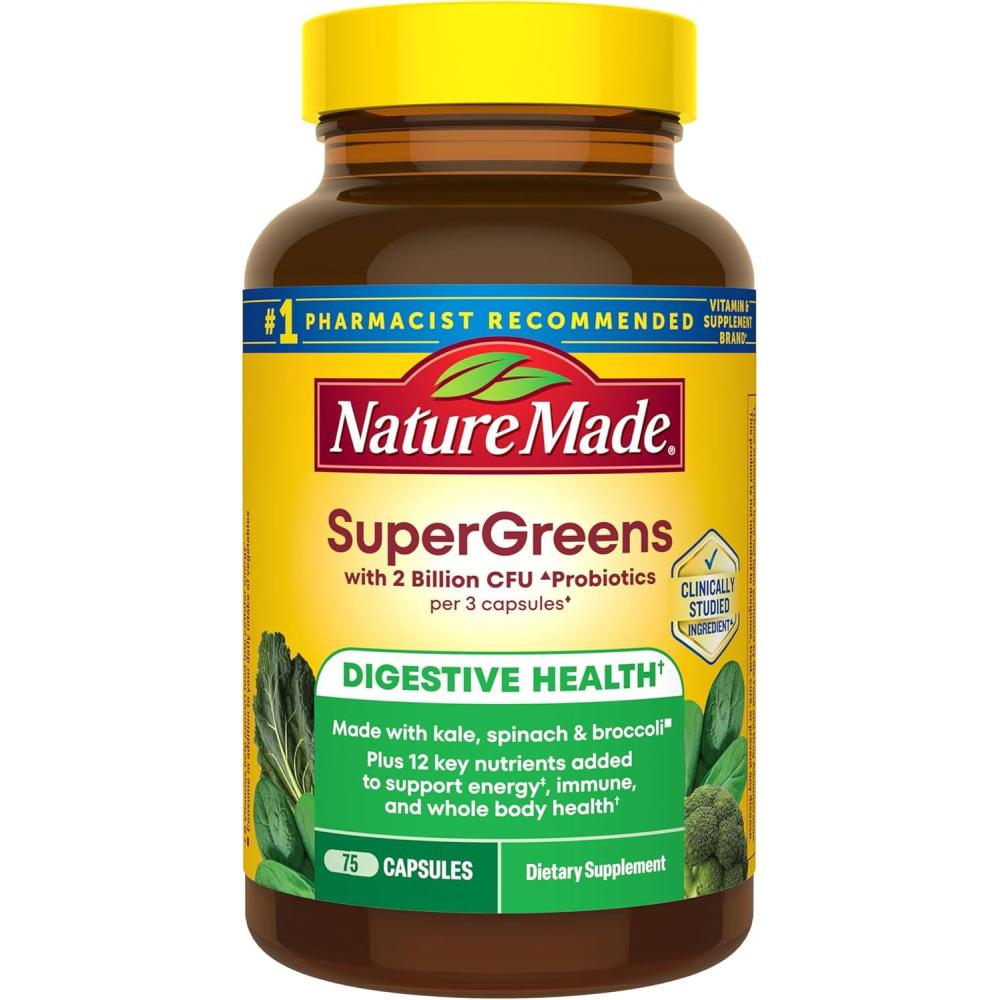 imageNature Made Super Greens with Probiotic Capsules Made with 12 Cup Veggies Per Serving Probiotics for Digestive Health 75 Capsules 25 Day Supply